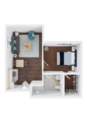 A 3D floor plan of a small apartment with a living area, kitchen, bathroom, bedroom, and walk-in closet. The living room has a sofa, chairs, coffee table, and rug; the bedroom has a bed and nightstands.