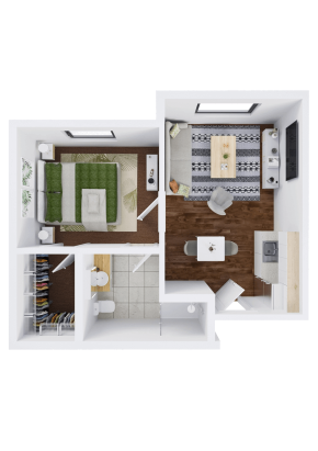 A 3D floor plan of a small Eskaton Gold River independent living apartment with a bedroom, bathroom, kitchen, dining area, and living room. The bedroom features a green bed, while the cozy living room has a sofa and TV.