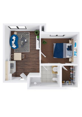Top-down view of an Eskaton Gold River independent living one-bedroom apartment layout, featuring a living area with a sofa and rug, kitchen with table, spacious bedroom with double bed, bathroom, and walk-in closet.