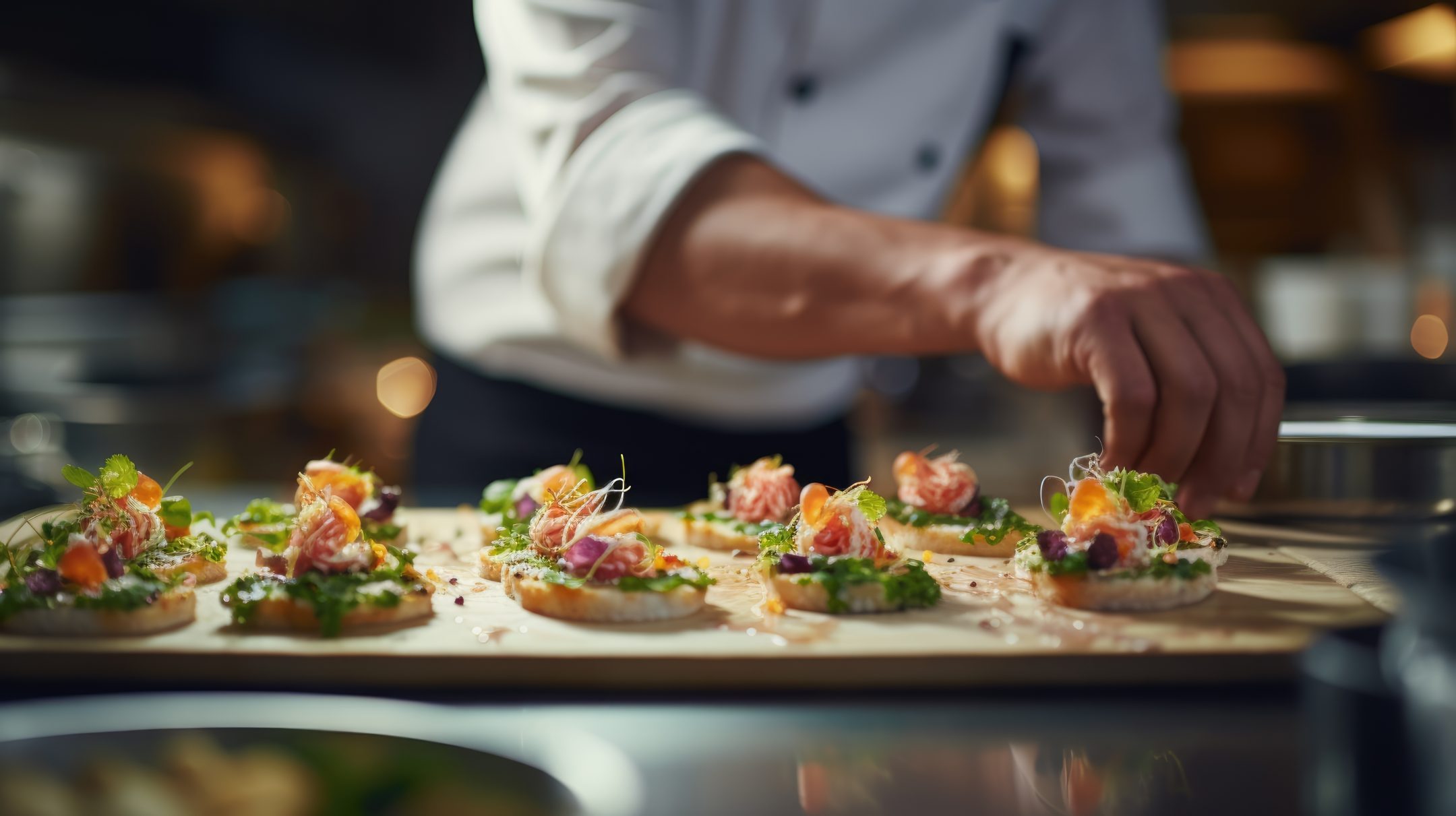 A chef in a white uniform carefully garnishes small pieces of gourmet food on a wooden board in a professional kitchen, preparing elegant appetizers for the Eskaton Gold River dining experience.