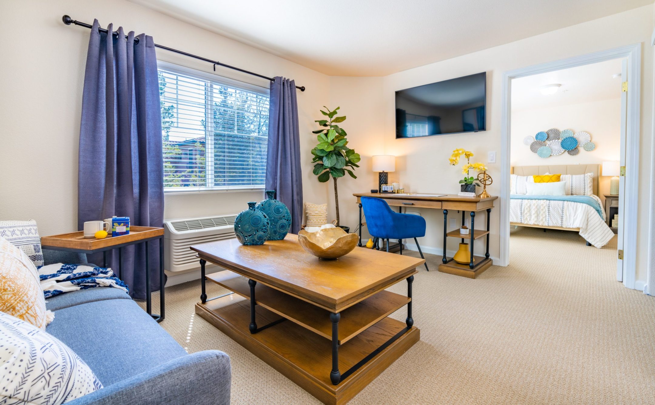 Bright living room with a gray sofa, wooden coffee table, desk and blue chair, large TV, potted plant, and window with purple curtains; explore various Living Options with a bedroom visible through an open doorway.