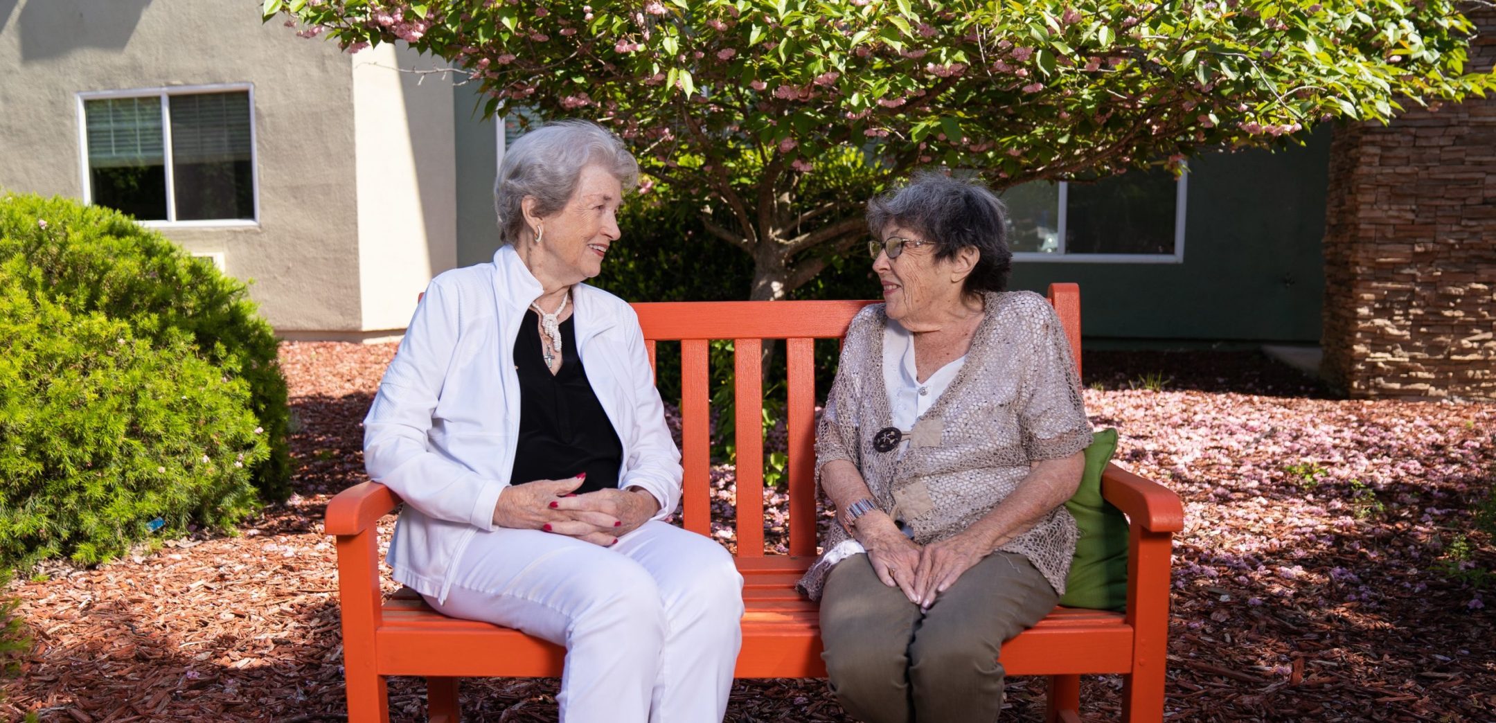 Two elderly women sit and talk on an orange bench in a garden, surrounded by mulch and greenery, discussing various living options as sunlight filters through the trees. They appear relaxed and engaged in conversation.