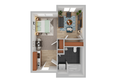 A 3D floor plan of a small apartment designed for independent living, featuring a bedroom with bed and nightstands, a living area with sofa and coffee table, dining area, compact kitchen, and bathroom with tub and sink.
