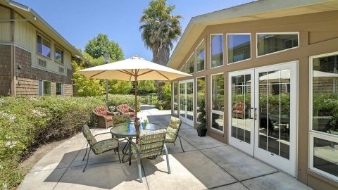 A sunny patio with a glass table and cushioned chairs under a large umbrella, surrounded by shrubs and greenery, next to a modern building with large windows and French doors.
